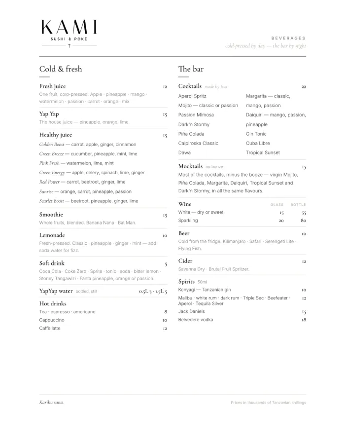 KAMI drinks menu, page one