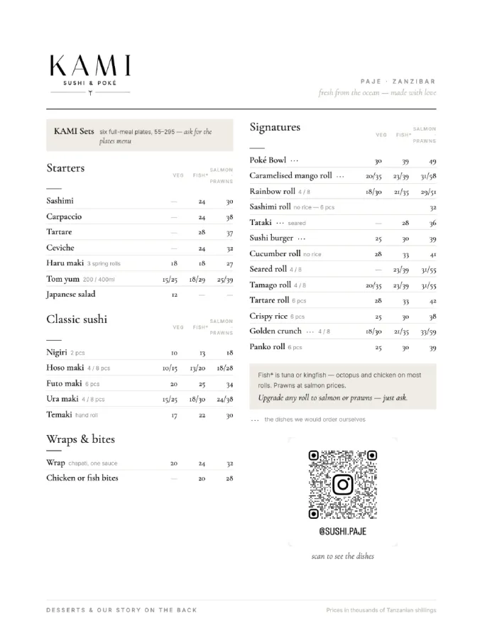 KAMI food menu, page one