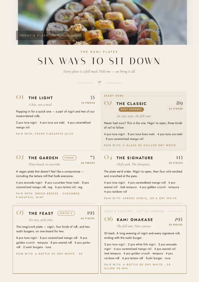 Recommended KAMI plates: six full-meal plates